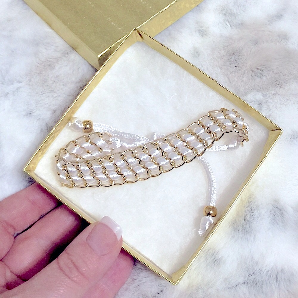 {🆓w/💲} NEW:Classy White Satin-Silky Smooth Bracelet Gold Chain Braided Accent